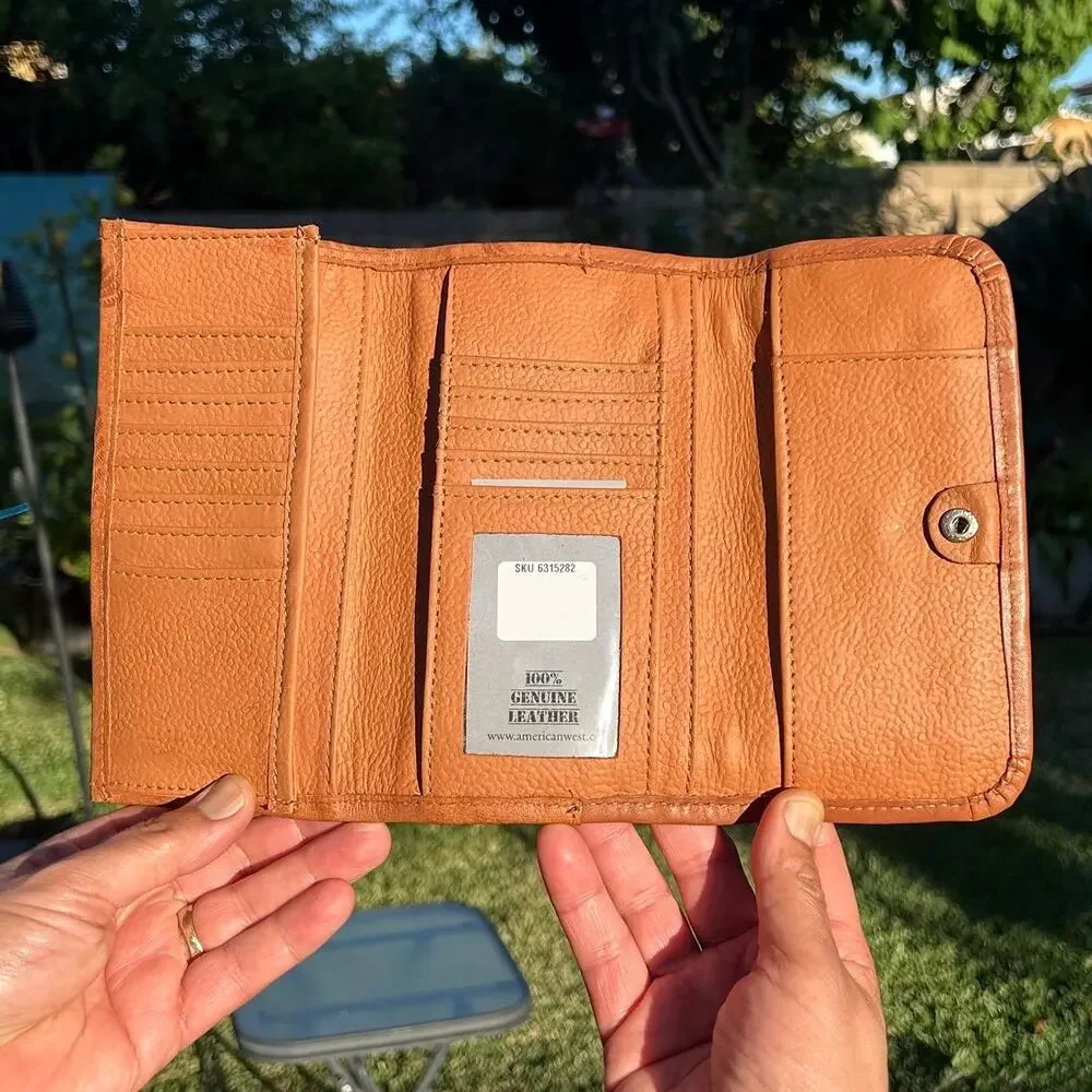 American West Handcrafted Leather Tooled Floral Concho Trifold Wallet Tan